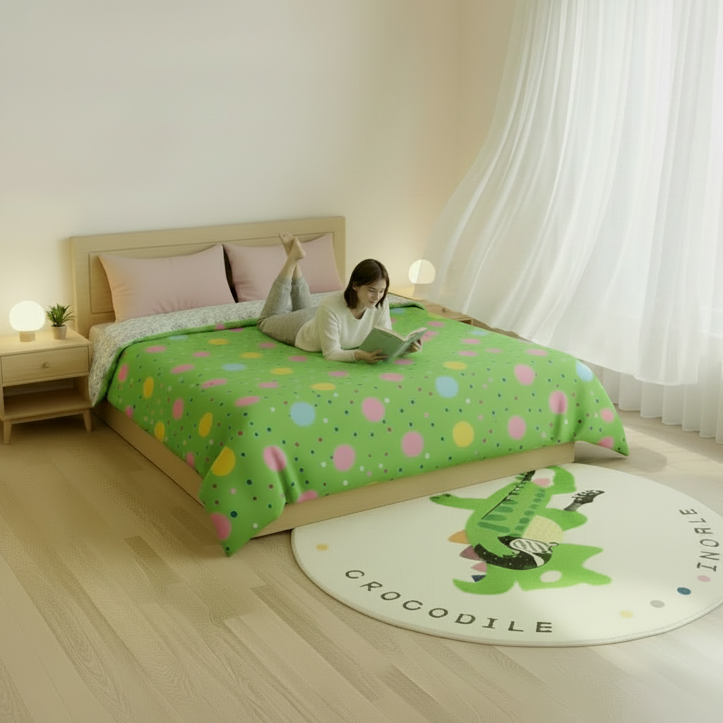 Tapis crocodile chambre avec couverture verte à pois