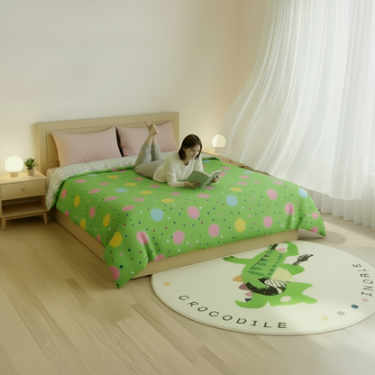 Tapis crocodile chambre avec couverture verte à pois