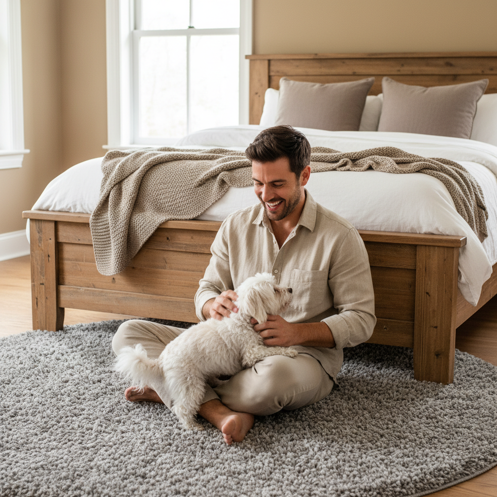 Tapis rond gris - homme avec chien
